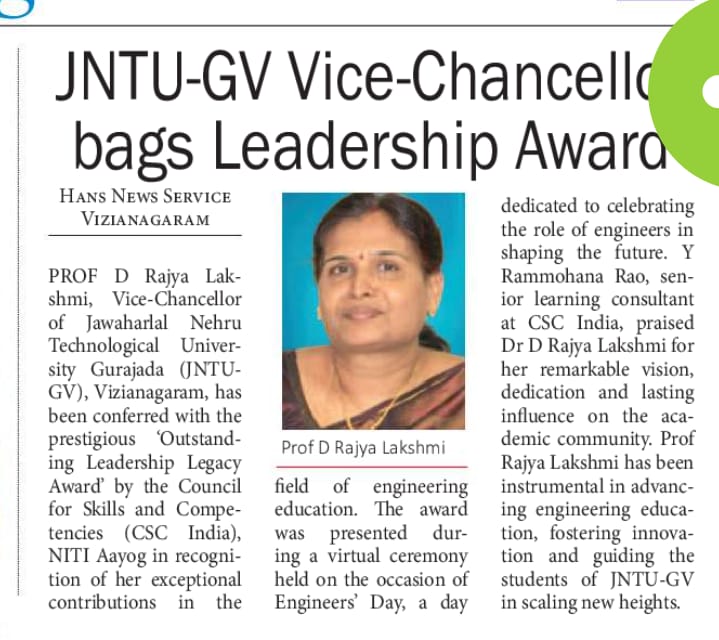 JNTU-GV's Vice-Chancellor secured a prestigious Leadership Award