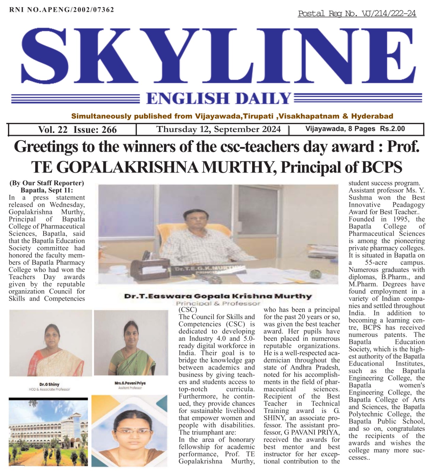 Greetings to the winners of the csc-teachers day award : Prof. TE GOPALAKRISHNA MURTHY, Principal of BCPS