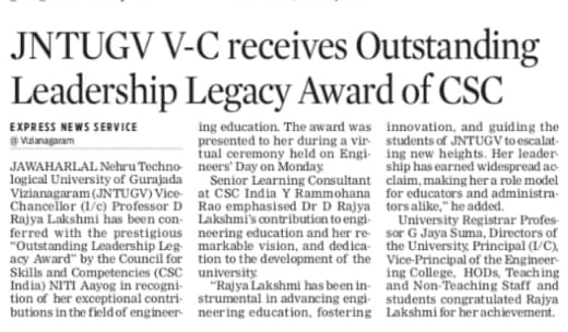 JNTUGV V-C receives Outstanding Leadership Legacy Award of CSC